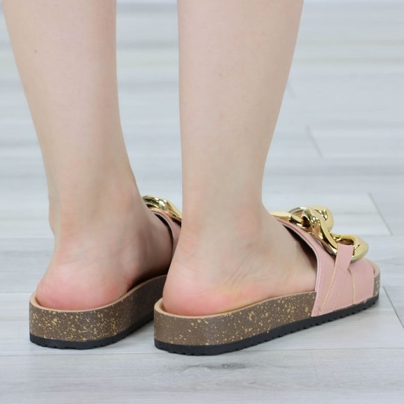 Pink Flat Slip On Sliders Sandal Trendy Comfort Lightweight Blush and Gold - Picture 9 of 13